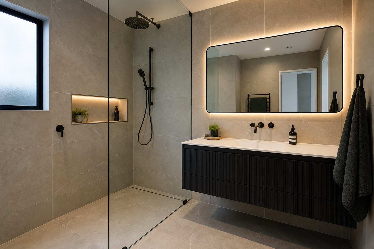 Completed contemporary bathroom renovation with walk-in shower and wall-hung vanity