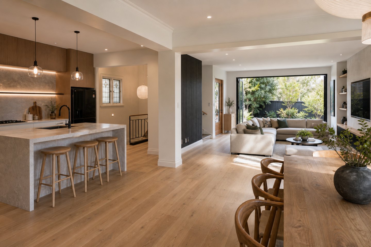 Completed open-plan full home renovation with cohesive modern finishes