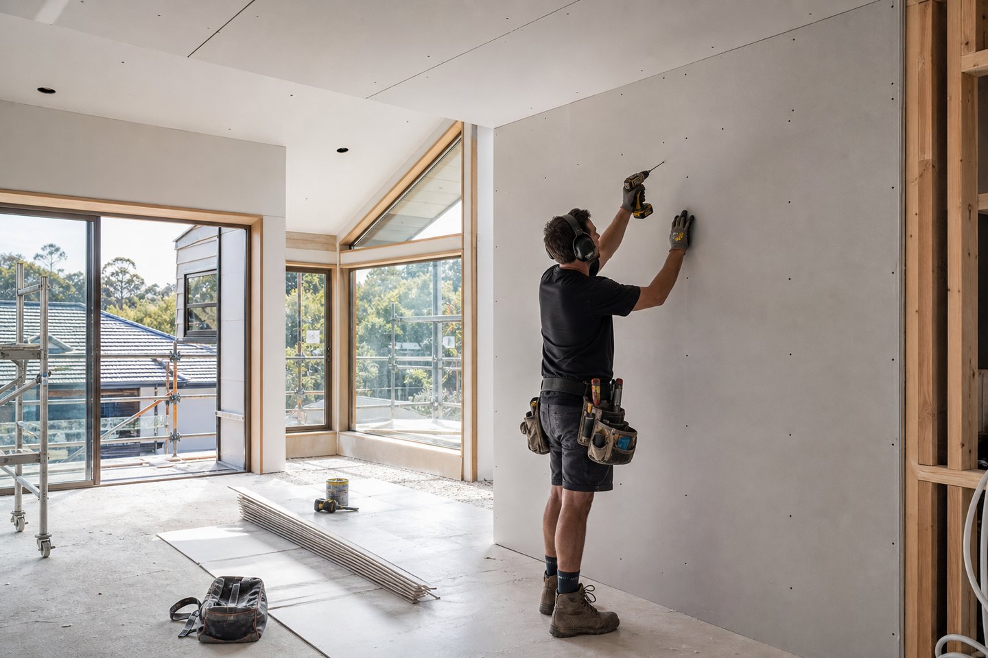 Commercial plasterboard wall installation in a bright interior construction site
