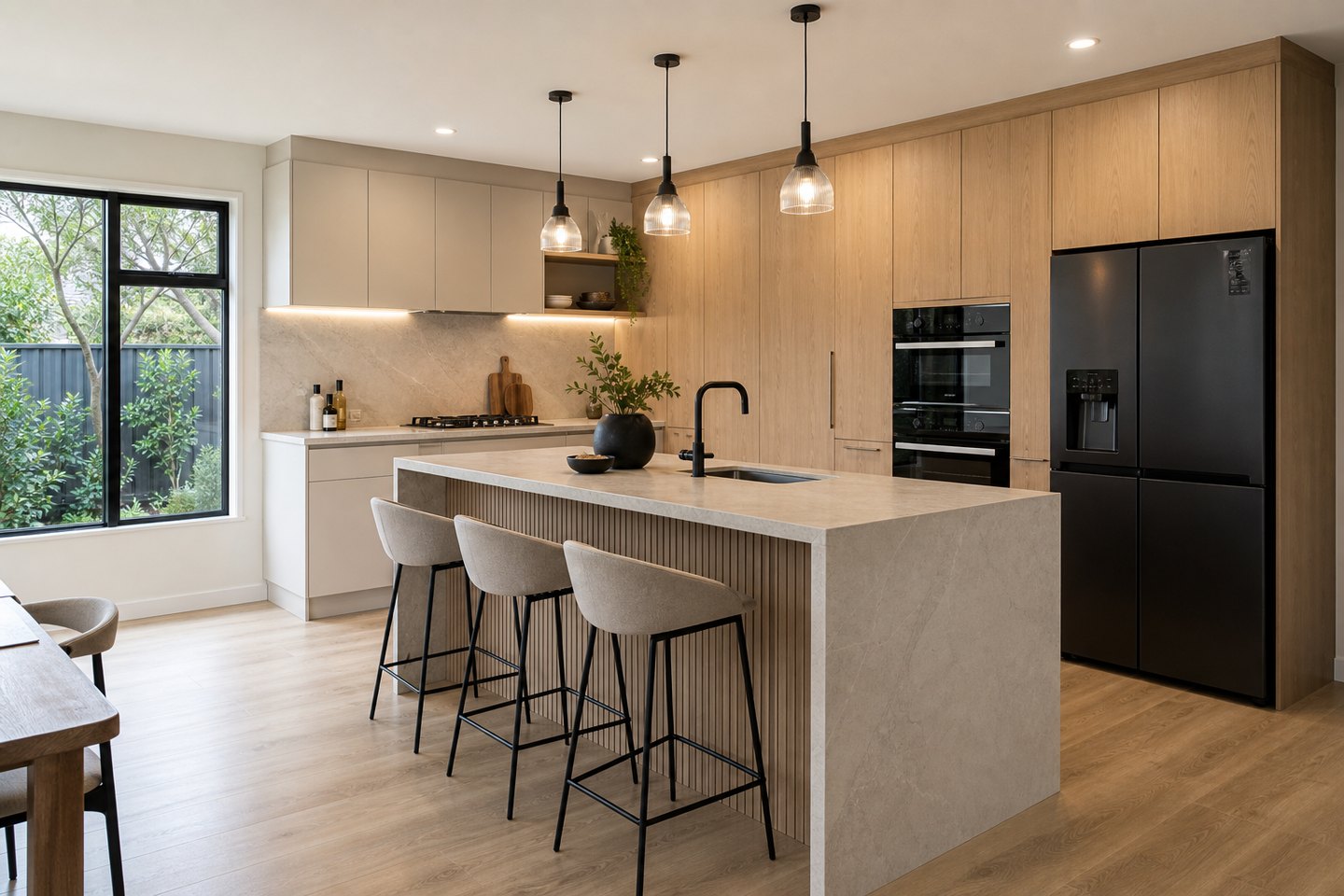 Completed kitchen renovation with custom cabinetry and stone island